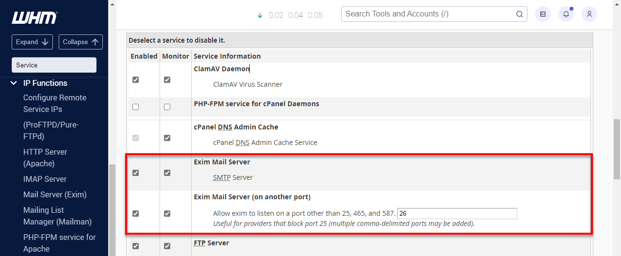 WHM Service Manager enable Exim Mail Server and Exim Mail Server (on another port)
