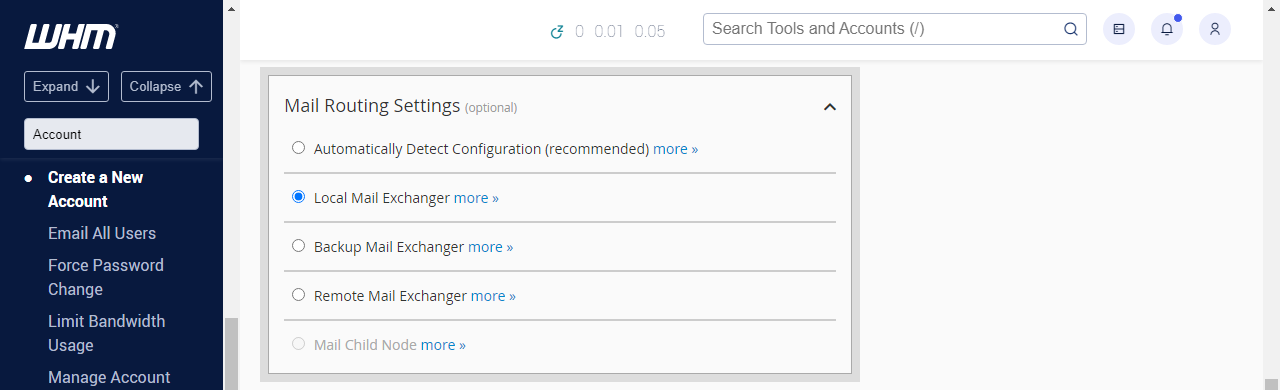 WHM Create a New Account Email Routing