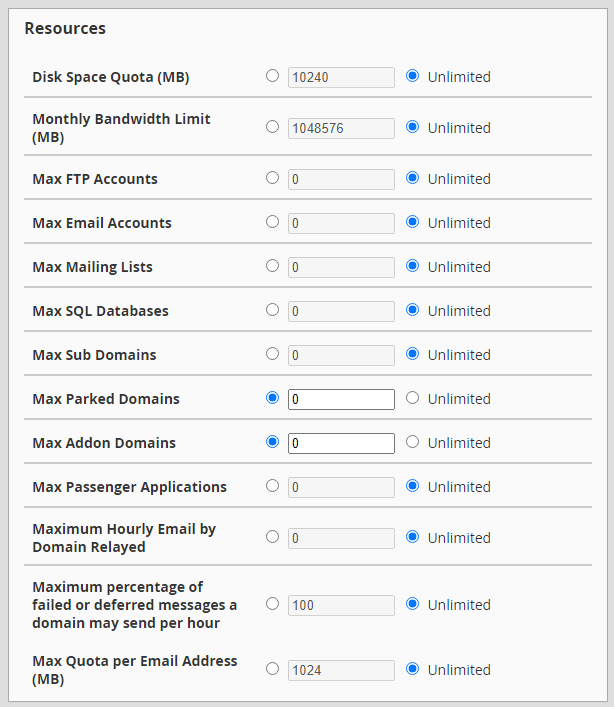 WHM Add a Package Resources