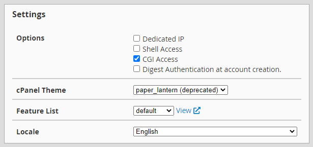 WHM Add a Package Settings