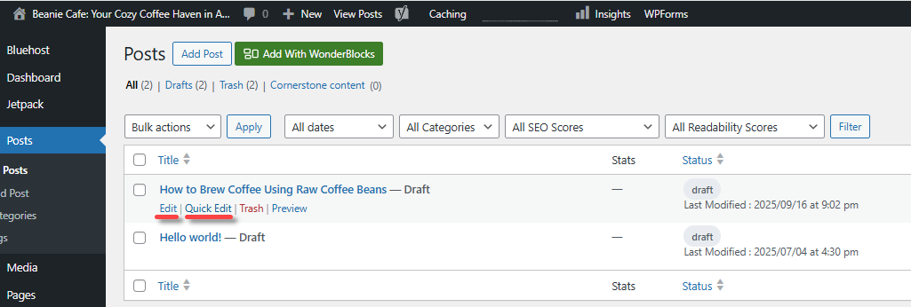 WordPress 页面 - 编辑/快速编辑
