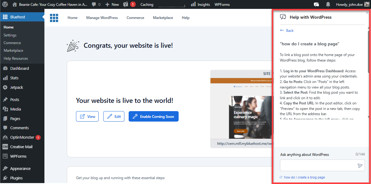 WordPress 仪表板 - 按照说明操作