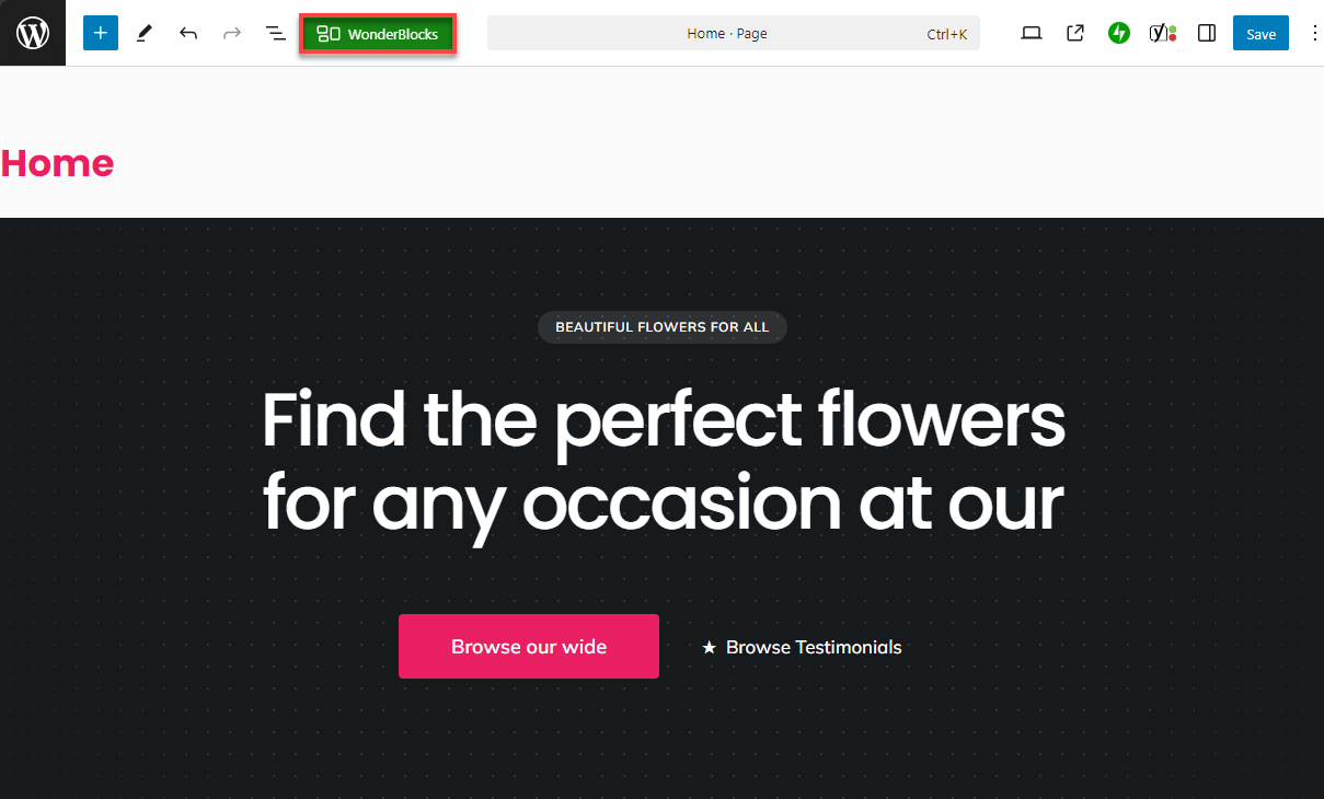 Bluehost WonderSuite WP Dashboard - Edit Site WonderBlocks