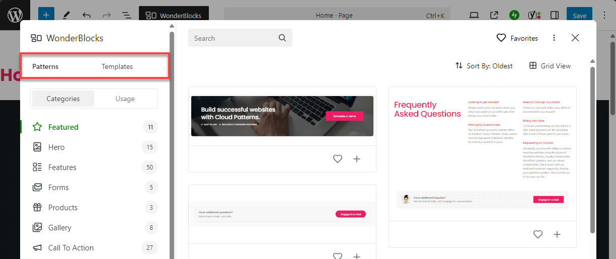 Bluehost WonderSuite WP Dashboard - WonderBlocks Patterns and Templates
