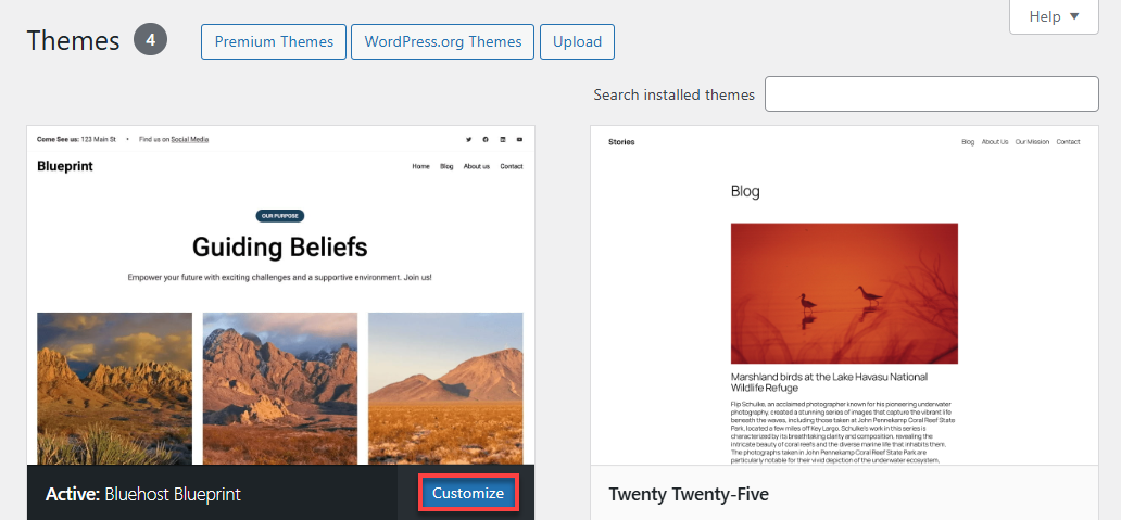 Bluehost WP Dashboard Appearance Customize