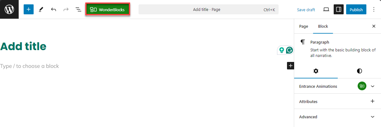 Bluehost WP Dashboard Pages Add New Page - Choose to edit with WonderBlocks