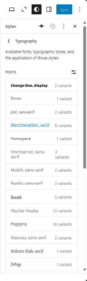 Bluehost WP Dashboard Appearance Editor Elements - Edit Styles Typography