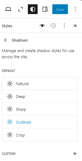 Bluehost WP Dashboard Appearance Editor Elements - Edit Styles Shadows