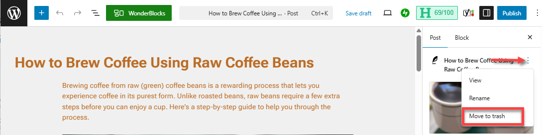 WordPress 仪表板 - 帖子 - 移动到垃圾箱