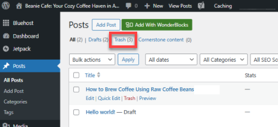 WordPress 仪表板 - 帖子 - 垃圾箱链接
