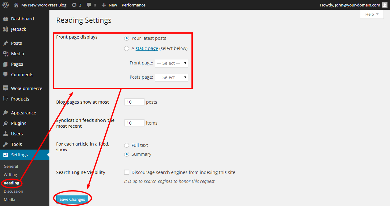 wordpress-dashboard-click-settings-on-left-click-reading-option-select-edit-latest-post-or-static-page-Click-Save-Changes