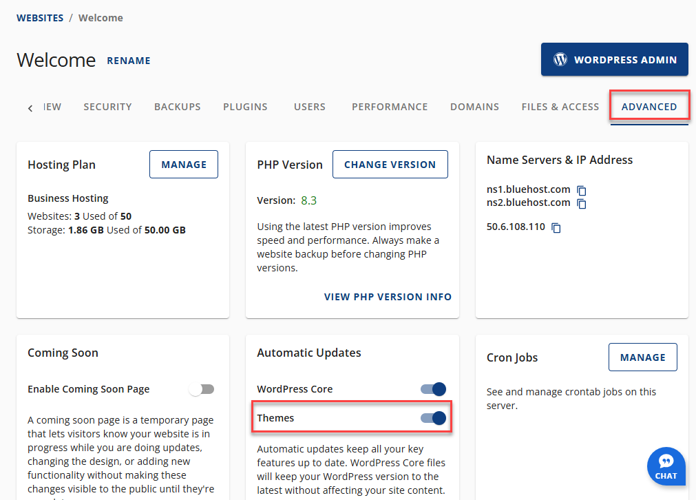 Bluehost账户管理平台 - 网站 - 进阶 - 自动更新