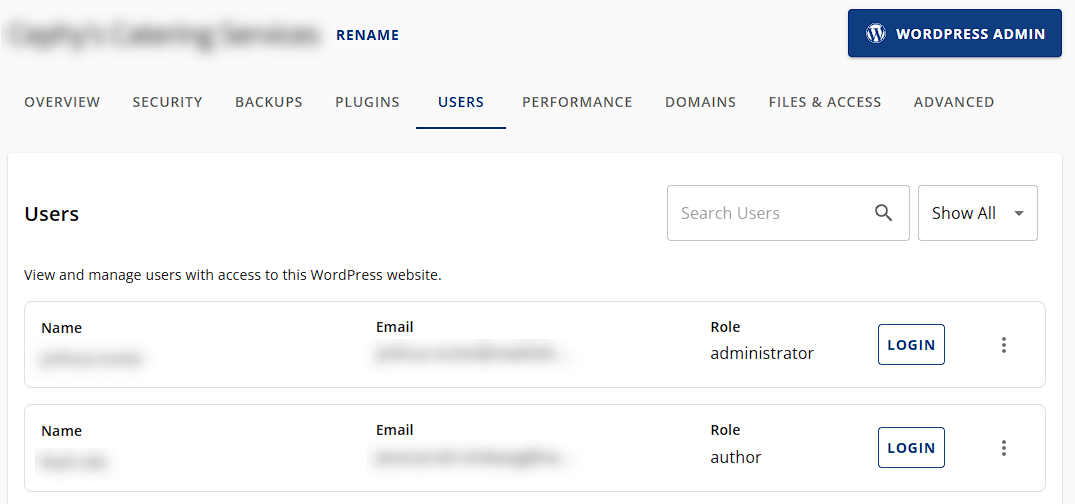 Bluehost Account Manager - Websites Tab Users