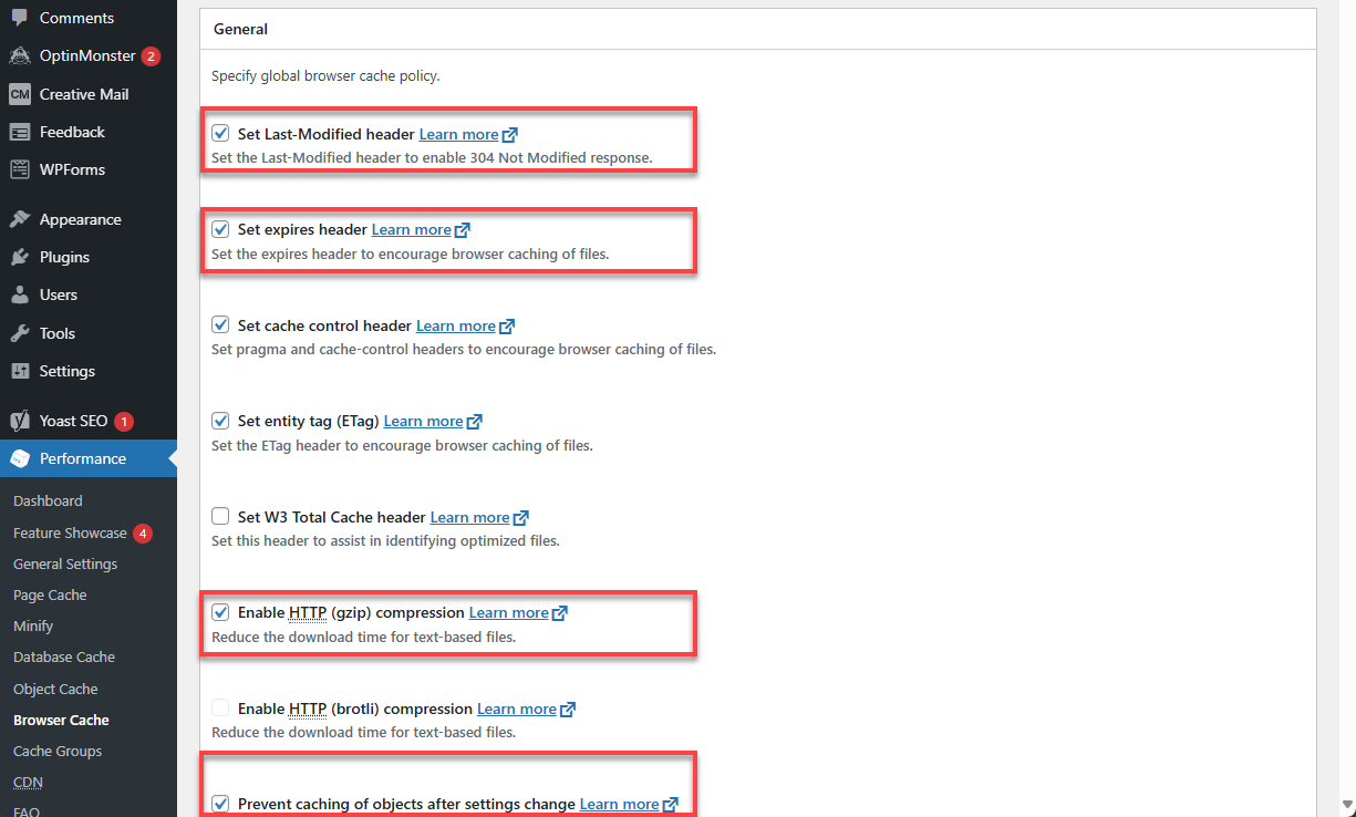 Bluehost WordPress W3 Total Browser Cache Settings